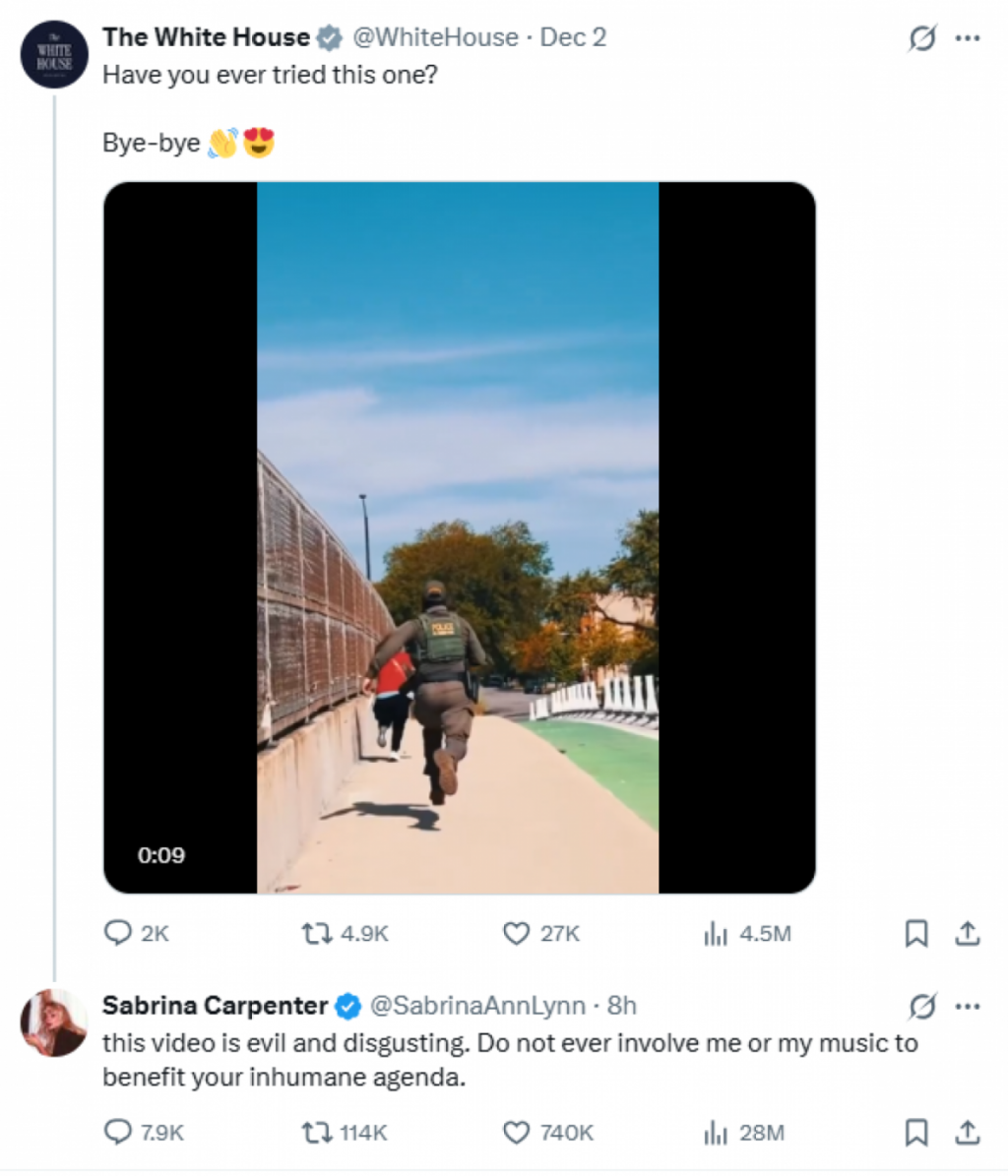 Sabrina Carpenter protesting the use of her song in the White House video on illegal immigrant enforcement. X Capture Sabrina Carpenter protesting the use of her song in the White House video on illegal immigrant enforcement. X Capture