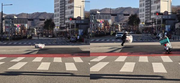 "도로 나뒹굴던 쓰레기 위험해"…손이 신호보다 빨랐던 배달기사 '엄지척'