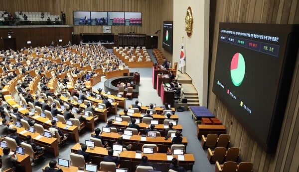 12일 오후 국회 본회의에서 '윤석열 정부의 위헌적 비상계엄 선포를 통한 내란 행위의 진상규명을 위한 특별검사 임명 등에 관한 법률안'이 통과되고 있다. [사진=연합]