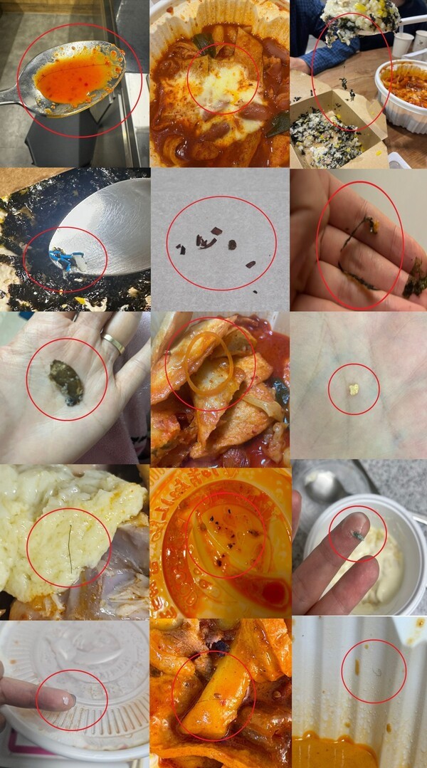 동대문엽기떡볶이 제품에서 발견된 이물질(머리카락, 나무조각, 등) [사진=중앙이코노미뉴스가 확보한 온라인커뮤니티 사진] 