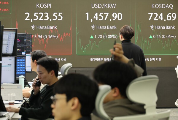17일 오후 서울 중구 하나은행 본점 딜링룸 현황판에 코스피 지수 등이 표시되고 있다. [사진=연합]
