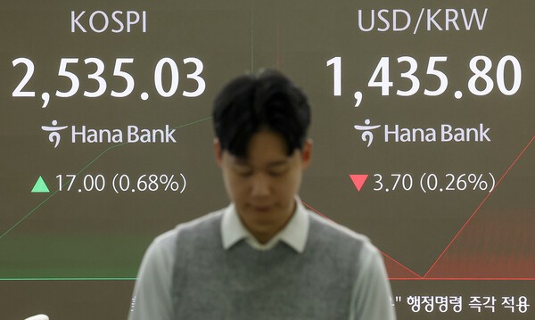 22일 서울 하나은행 본점 딜링룸 현황판에 각종 시장 지표가 표시됐다.  [사진=연합] 