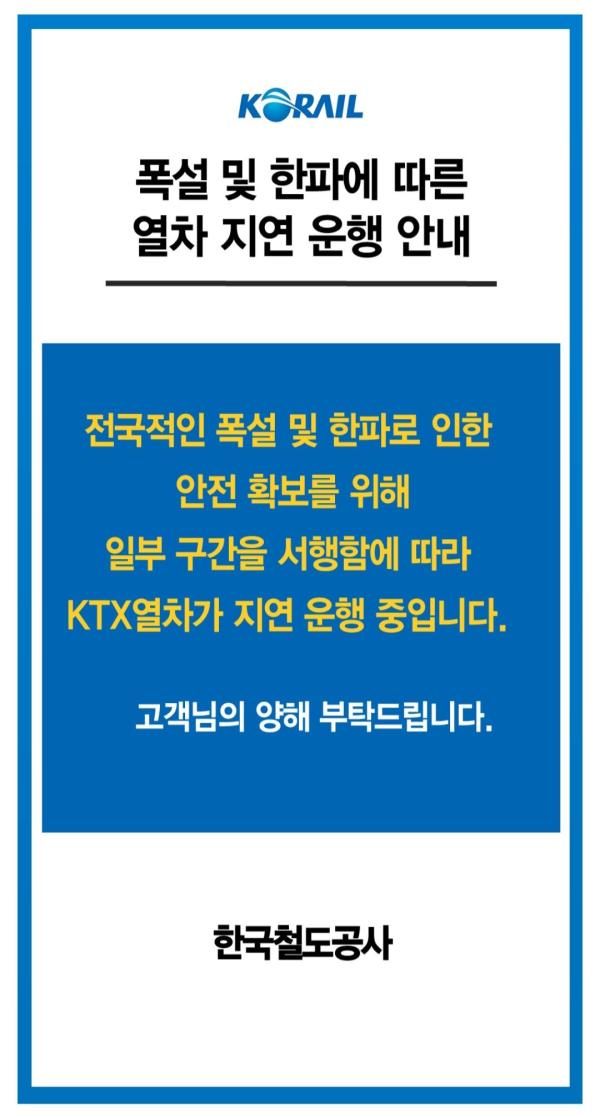 코레일 "폭설·한파로 KTX 경부·호남·강릉·중앙선 감속 운행"(상보)