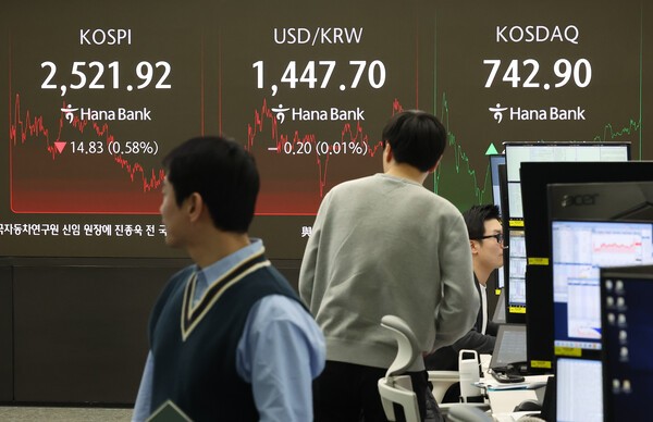 7일 서울 중구 하나은행 본점 딜링룸 현황판에 코스피, 원/달러 환율, 코스닥 지수가 표시돼 있다. [사진=연합]