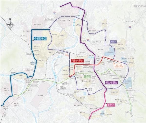 광주도시철도 노선 계획도. 건설이 본격화된 ‘광천상무선’외에 ‘수완평동선’과 ‘봉선첨단선’도 계획안에 들어있다. 광주광역시 제공
