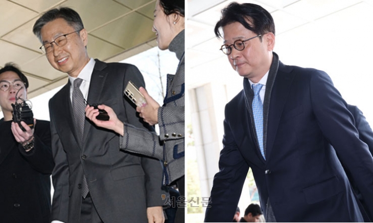 돌아온  감사원·서울중앙지검 수장 헌법재판소가 최재해 감사원장에 대한 국회의 탄핵소추를 기각한 13일 최 감사원장이 서울 종로구 감사원으로 직무 복귀를 하며 미소를 짓고 있다(왼쪽 사진). 오른쪽 사진은 같은 날 이창수 서울중앙지검장이 헌재의 탄핵소추안 기각 결정 후 서울 서초구 서울중앙지검으로 출근하는 모습. 헌재는 이날 최 감사원장과 이 지검장, 조상원 중앙지검 4차장검사, 최재훈 중앙지검 반부패수사2부장검사의 탄핵소추안을 만장일치로 기각했다.홍윤기 기자·뉴스1