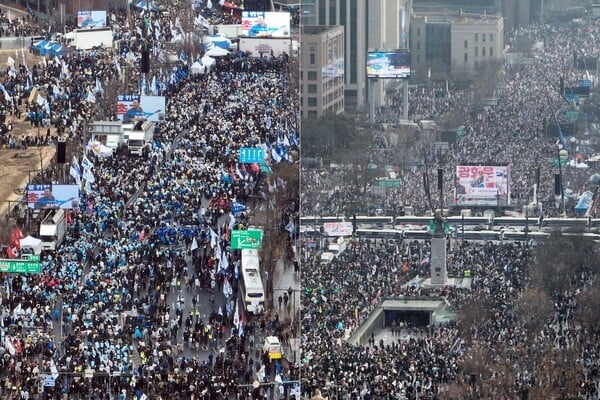 3·1절에 열린 탄핵 찬반 집회 모습.  안국동 사거리에서 더불어민주당을 비롯한 야 5당이 탄핵 촉구 집회를(왼쪽), 세종대로에서 대한민국바로세우기국민운동본부 탄핵 반대 집회를 하고 있다. [사진=연합]