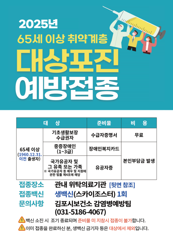 김포시, 65세 이상 취약계층 대상포진 예방접종 지원