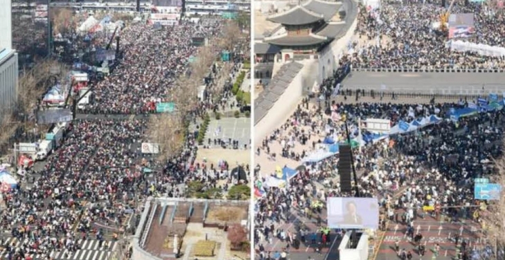 서울 종로구 세종대로 사거리 일대에서 지난 22일 오후 열린 윤석열 대통령 탄핵 반대 집회(왼쪽 사진)와 같은 날 서울 종로구 광화문 일대에서 개최된 탄핵 찬성 집회(오른쪽)에서 참석자들이 각각 “탄핵 각하”와 “즉각 파면” 등의 구호를 외치고 있다. 뉴스1