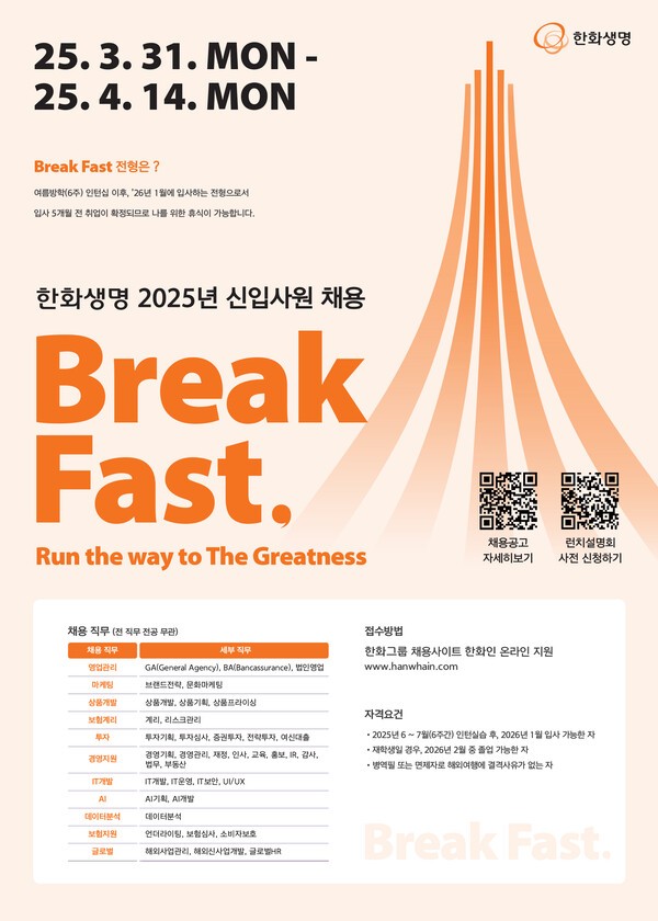 한화생명과 한화생명금융서비스는 31일부터 내달 14일까지 신입사원 공개 채용을 실시한다고 밝혔다. [사진=한화생명]