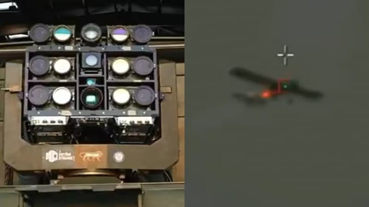 인도 레이저 무기 사하스트라 샤크티(왼쪽)와 이 무기가 겨냥한 고정익 드론. 출처=DRDO