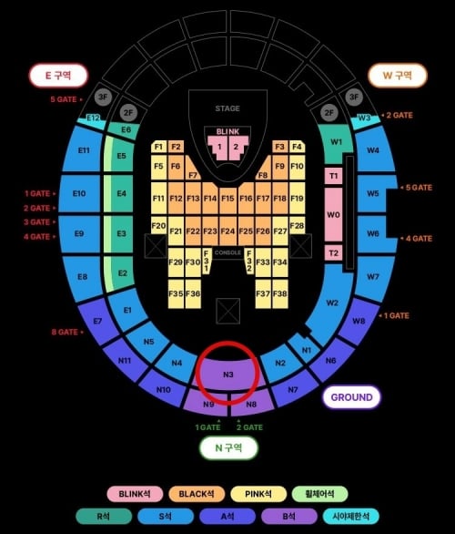 블랙핑크 고양 콘서트 좌석 배치도. 빨간색 원이 그려진 부분이 문제가 제기된 N3 좌석이다.