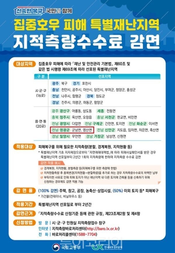 영광군, 집중호우 복구지원···지적측량 수수료 감면 조치 시행