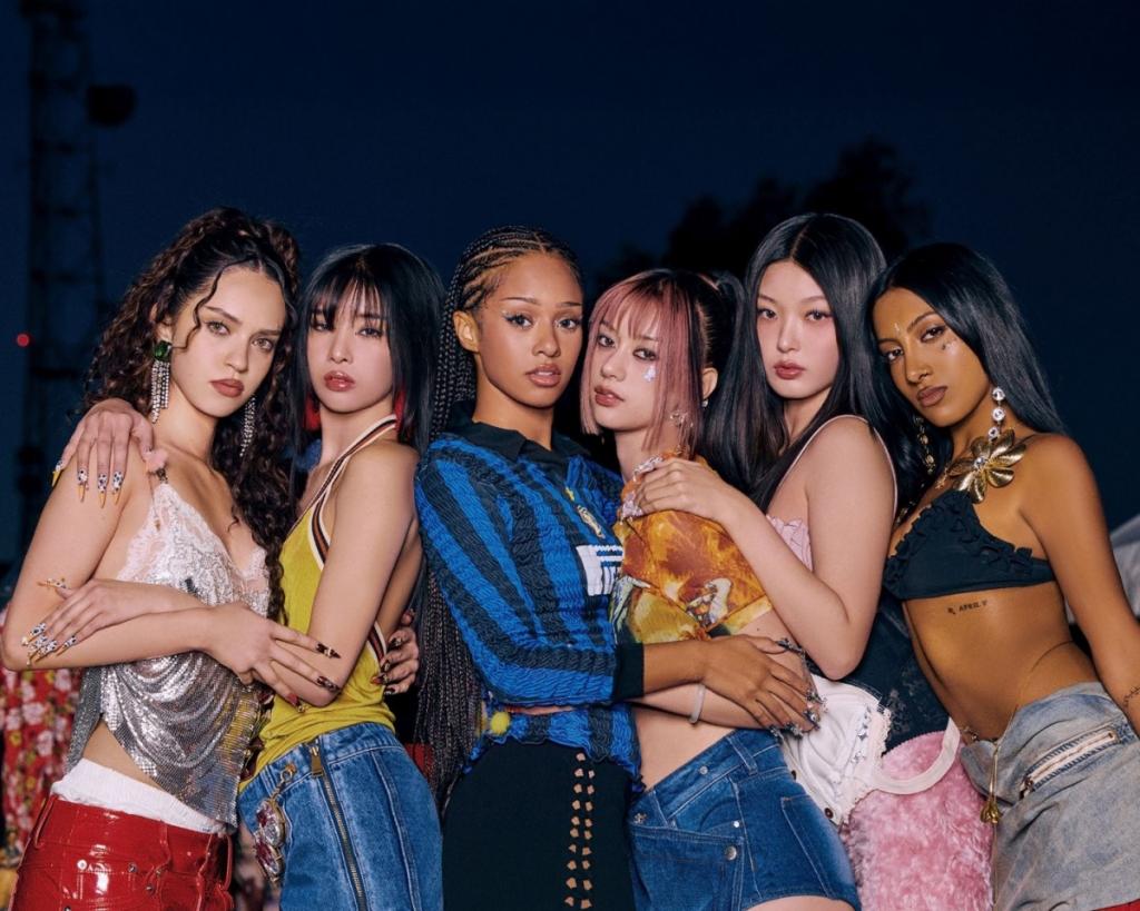 Hive's global girl group KATSEYE. From the far left: Daniela, Sophia, Manon, Megan, Yoonchae, Lara. Provided by Hive